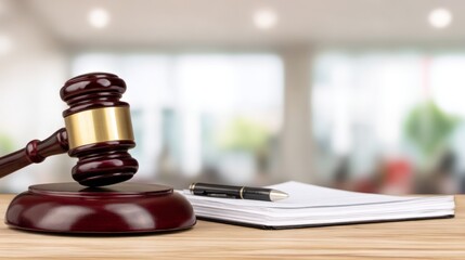 Fototapeta premium Wooden judge gavel with sound block and paper document on table. Legal system and courtroom justice concept. Attorney equipment for law firm and judicial authority in court chamber.