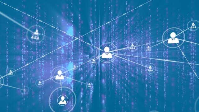 Animation of network of connections with icons and binary coding data processing