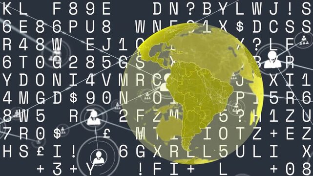 Animation of multiple letters, numbers and symbols over globe against connected dots in background