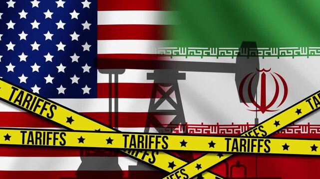 Iranian flag and US flag with warning tapes about tariffs. A drilling rig. The concept of sanctions and rising prices. 4K