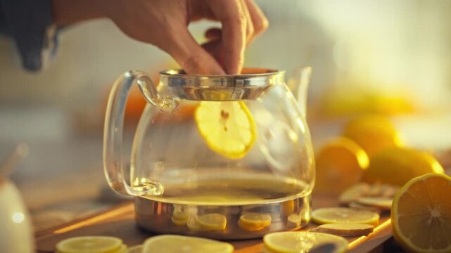 Man's hand gently places a fresh slice of citrus into a teapot, releasing a drop of juice as the raw texture mingles with the flowing tea leaves, capturing a moment in healthy, natural tea preparation