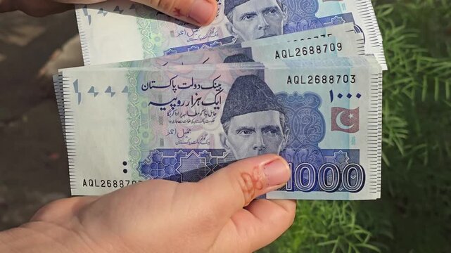 Pakistani one thousands bank currency notes featuring multiple denominations held in hand with prominent images and details visible