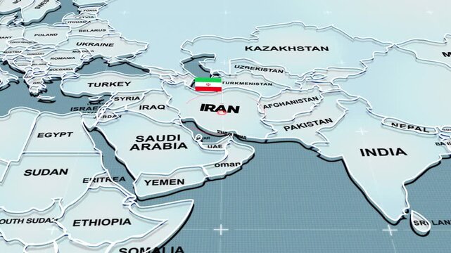  a stylized 3D map highlighting IRAN, Middle East, Iran map, Central Asia and Eastern Europe, Flag of Iran, Iran Flag, Strait of Hormuz,
