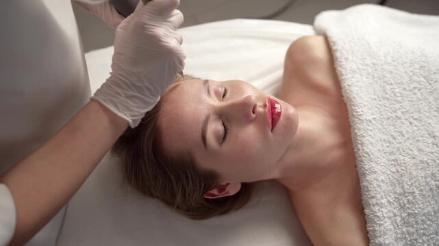 Close up of a woman's face during a cosmetic procedure. A beautician uses a laser for skin resurfacing, rejuvenation, or anti-aging therapy in a modern beauty clinic or spa.
