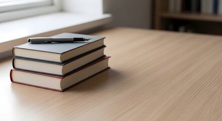 Naklejka premium Simple composition of books and pen on clean desk representing study and writing concepts with plenty of copy space.