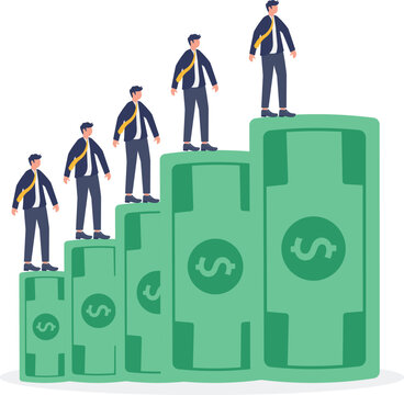 Professionals standing on growing stacks of green money bills