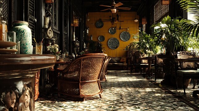 Vintage cafe interior with patterned tile floor, rattan seating and carved wooden furniture, colonial environment with decorative ceramics and ceiling fan, diffused daylight creating calm shadows, sli