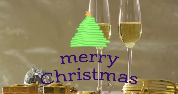 Animation of merry christmas text over christmas decorations and glasses of champagne background