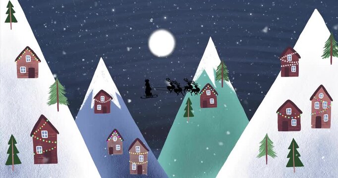 Santa's sleigh flying over snowy mountains and houses, Christmas animation