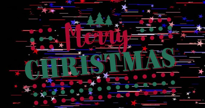 Merry Christmas text animation over colorful stars and dots on black background