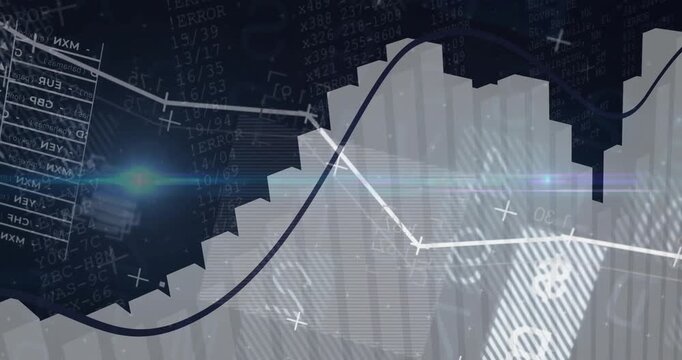 Translucent grey bar chart being shown in digital dashboard overlaid with white and dark blue lines