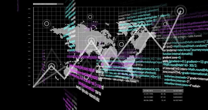white dotted world map floating over dark grid, showing cyan purple code snippets and data charts