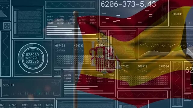 Upon start Spanish flag waving while HUD panels appearing updating data shrinking revealing flag