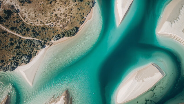 青緑の清流と白い砂州が映える上空からの自然風景