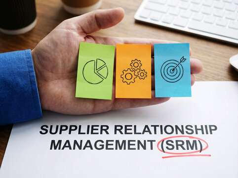 Hand holds sticky notes with business icons. Documents state supplier relationship management. Red underline emphasizes SRM focus