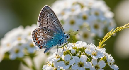 Fototapeta premium Butterfly on white flowers close up view in sunlight natural environment
