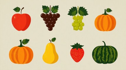 Fototapeta premium Assortment of colorful produce items featuring various fruits and gourds arranged neatly