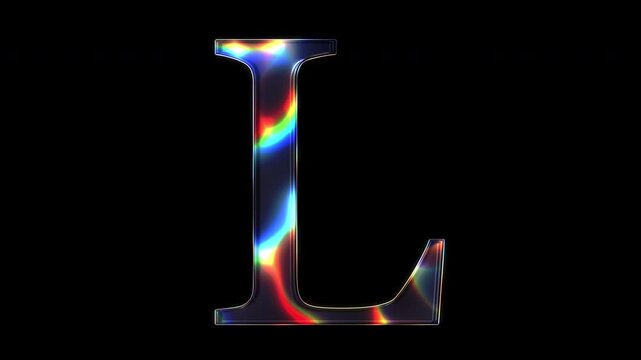 A uppercase letter "L" shimmering with various colored lights on a glass-like surface with an alpha channel. Serif font. Seamless loop video.