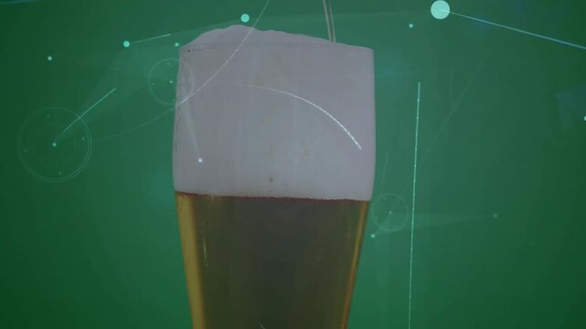 Beer stream pouring into pilsner glass nodes orbiting and lens flare pulsing showing network