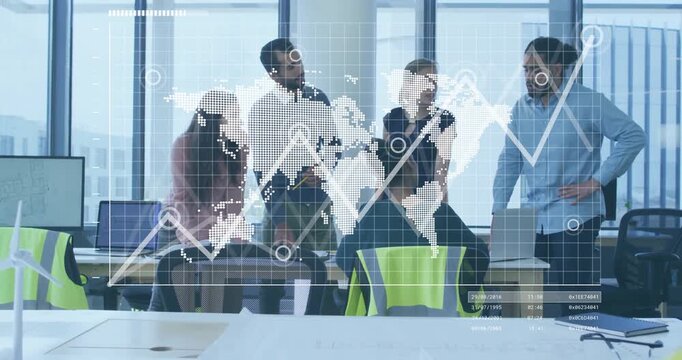Team gathering around laptop, revealing line graph on world map while scrolling in business meeting