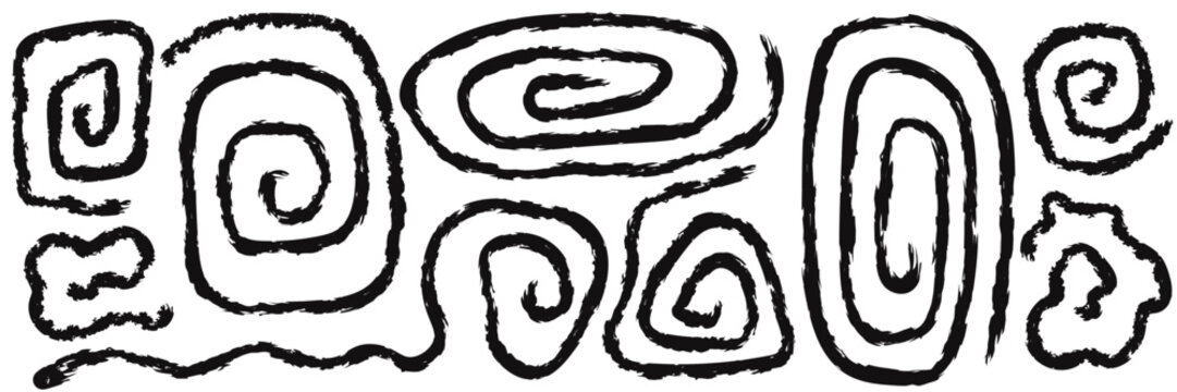 Black spiral doodle set in rough crayon style on white background. Hand drawn abstract swirl shapes with imperfect lines, textured lines for abstract design.