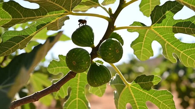 Close up of fresh green figs growing on a tree branch with vibrant leaves and bee buzzing around