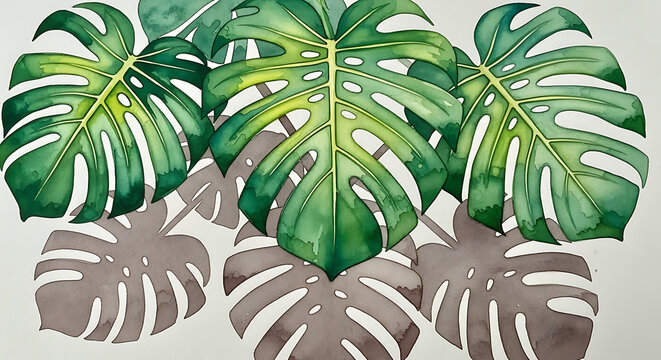 Watercolor illustration of vibrant green monstera leaves with soft brown shadow silhouettes below