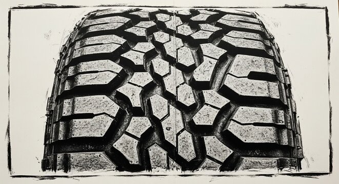 A stylized, high-contrast graphic representation of a rugged off-road tire tread, emphasizing the geometric grip pattern.