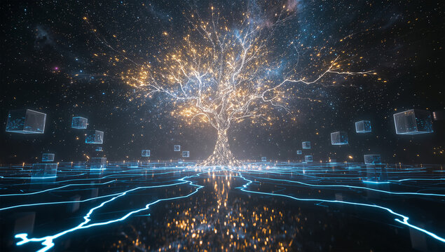 宇宙のような空間に輝く光の樹が広がる幻想的な未来背景