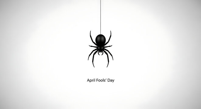 Black spider hanging from a thread on april fools day isolated on white background