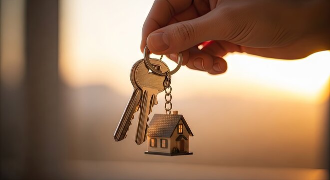 Hand holding house keys with miniature house charm against blurred background