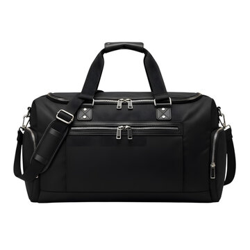 Black duffel bag with multiple zippers and straps, stylish travel or gym bag