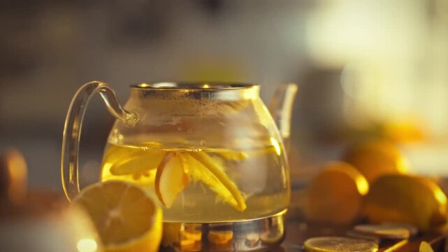 In glass teapot, lemons ginger swirl together, set against kitchen backdrop utensils sliced citrus. close-up action highlights refreshing ingredients as they infuse, showcasing simple kitchen process