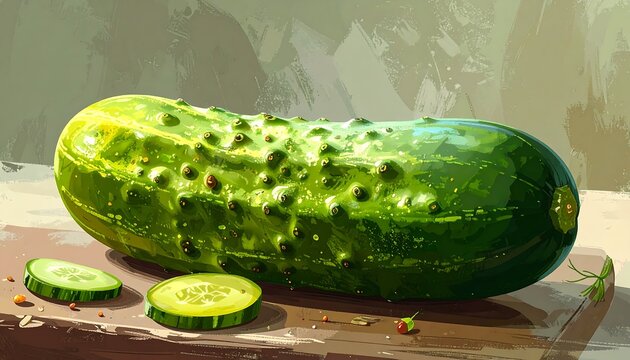 A Fresh Green Pickle with Slices on a Wooden Board.