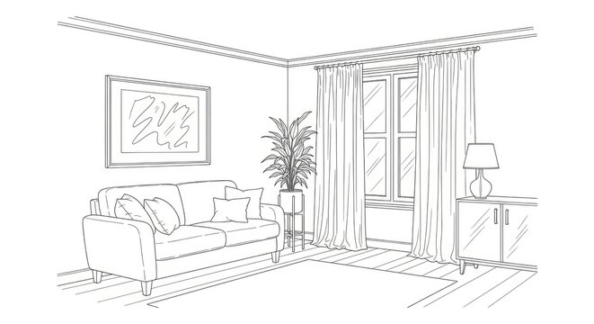 Living room interior sketch couch window plant and decorative elements