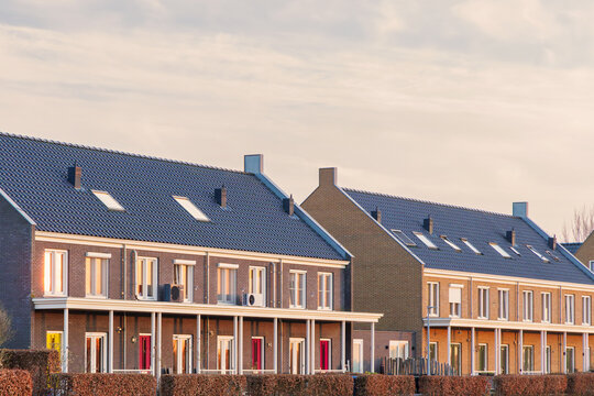 Sunset view of modern row houses in Overijssel, The Netherlands