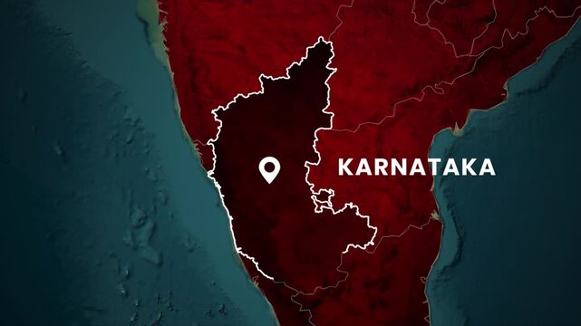 Karnataka map highlighted animation video. State location marked on India map with glowing outline and modern geographic style