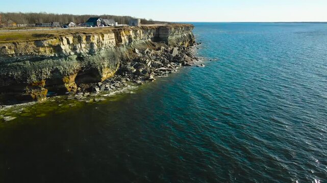 Aerial view flying over the Pakri peninsula cliffs in Estonia