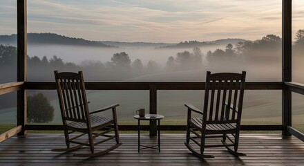 Naklejka premium Two rocking chairs on a wooden porch overlooking misty mountains