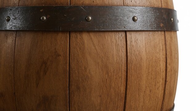 Antique wooden ice cream maker barrel closeup with aged texture and metal hardware isolated on white