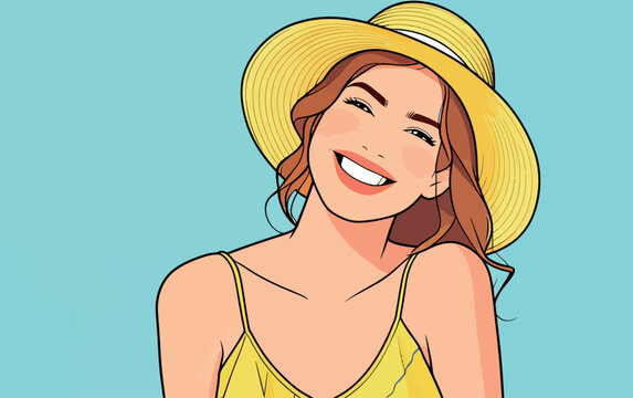 Smiling woman in a yellow hat enjoys a sunny day with a blue background