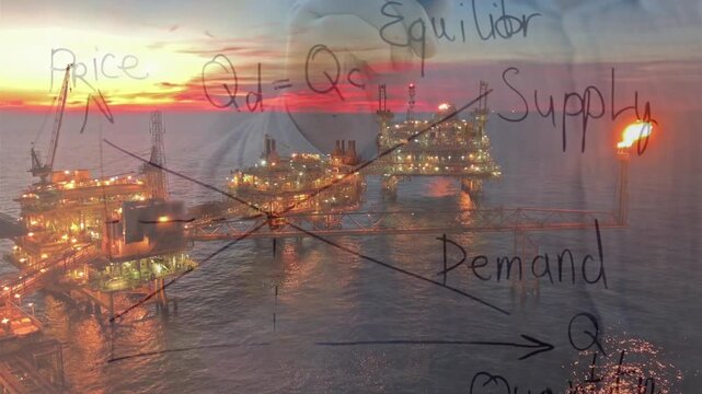Handwriting economic supply and demand formulas over a sunset view of an offshore oil platform, depicting energy market analysis.