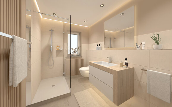 Kleines G&auml;stebad mit Dusche, Waschbecken und WC, Bad mit Fenster, raffiniertes Beleuchtungskonzept, Baddesign, gute Raumplanung