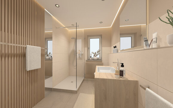 Kleines G&auml;stebad mit Dusche, Waschbecken und WC, Bad mit Fenster, raffiniertes Beleuchtungskonzept, Baddesign, gute Raumplanung