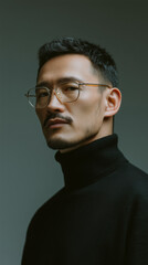 Obraz premium Stylish Young Asian Man Wearing Amber Glasses and Black Turtleneck in Studio 