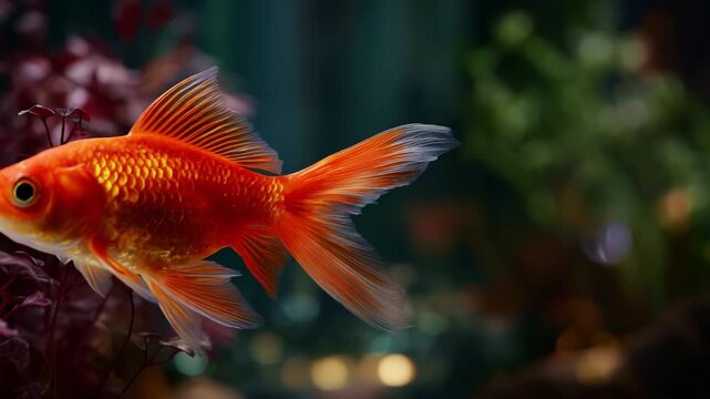 A vibrant orange goldfish gracefully swimming through lush aquatic foliage, showcasing its shimmering scales and elegant fins in a serene underwater environment.