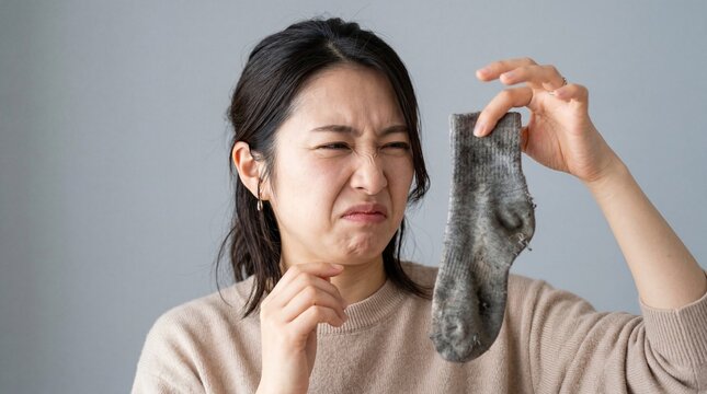 洗剤の広告や洗濯の汚れ・ニオイ対策に最適な、臭い靴下の悪臭に顔をゆがめる日本人主婦のクローズアップ