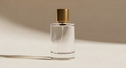 Naklejka premium A clear glass perfume bottle with a golden cap on a light background with soft shadows, showcasing elegance.
