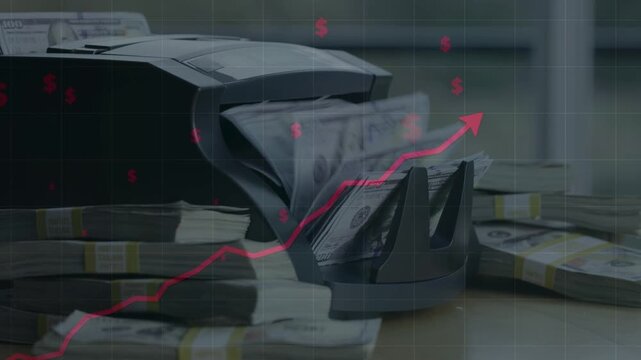 Deskripsi (Maks 200 Karakter):
Counting machine processing US dollars, stack of cash, rising red stock market arrow. Financial growth concept.