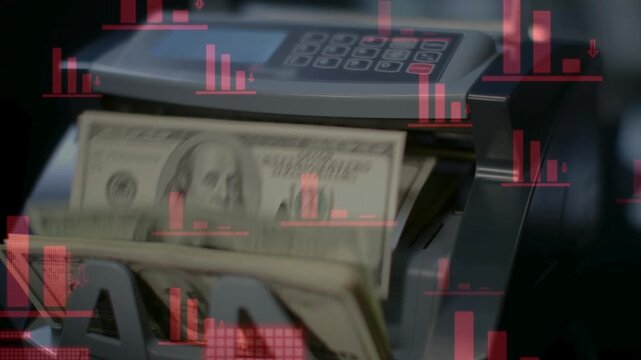 A money counting machine counts a stack of US dollar bills with a descending red bar graph hovering above it, symbolizing the decline in the value of money due to inflation.